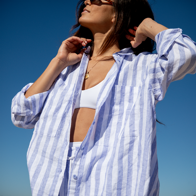 Sunday Top - Coconut + Getaway Button Down + Getaway Short - Riptide / Coconut (Size S)