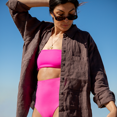 Tubular Top + Hi Tide Bottom - Hot + Getaway Button Down - Stormy (Size S)